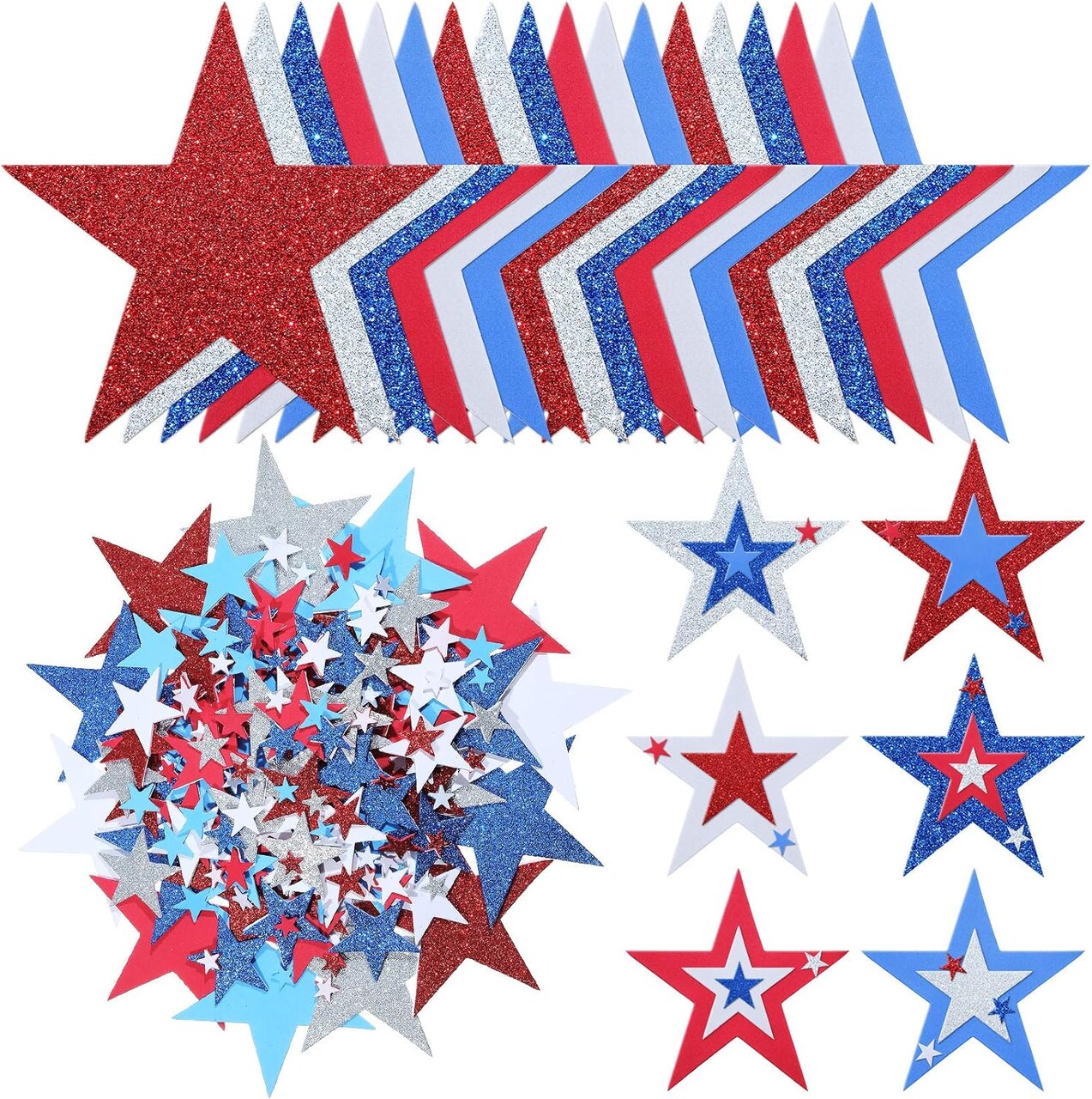 224 Pieces Red White Blue Glitter Stars Patriotic Foam Stickers 4th of July Decorations Christmas Kid's Arts Craft